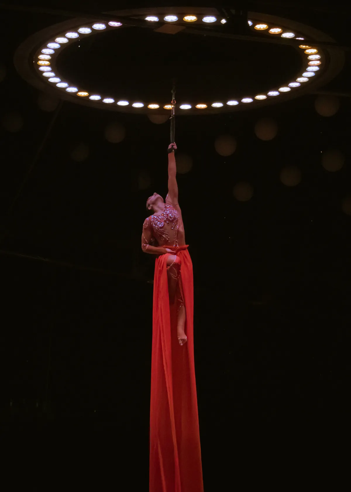 Sara Brigite on red aerial silks beneath a ring of lights