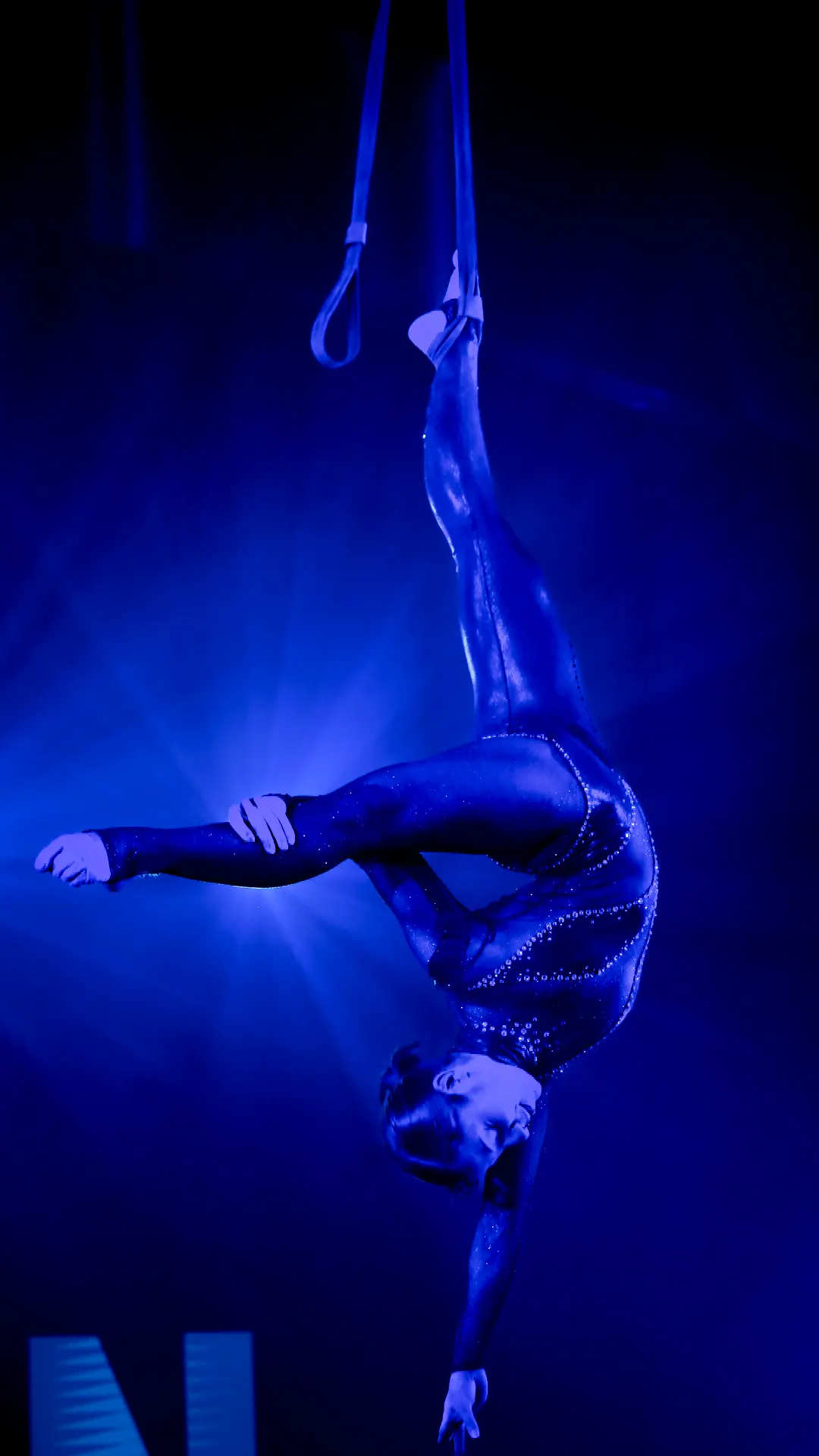 Sara Brigite inverted on aerial straps, blue lighting